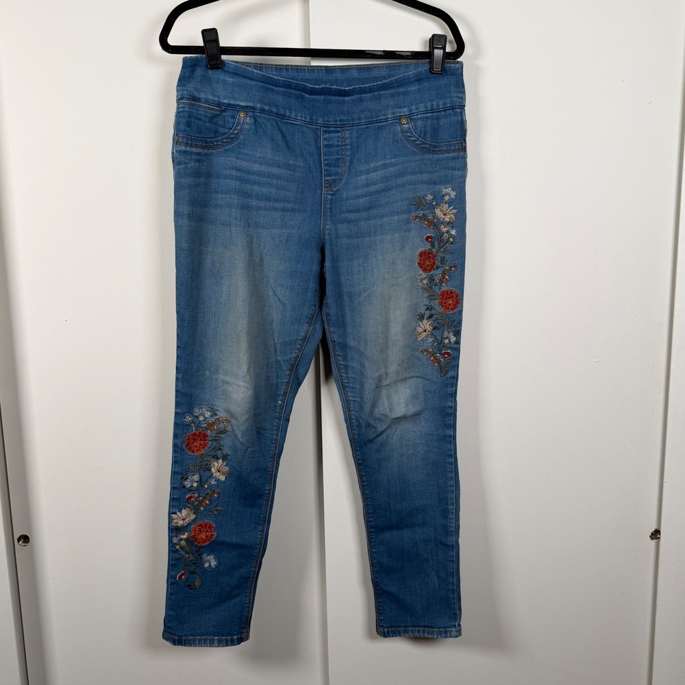 Style & Co Womens Floral Embroidered Boyfriend Jeans Medium Wash Pull On Denim